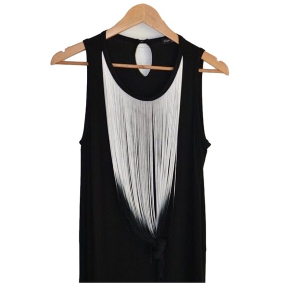 KIM&CAMI Black white Fringe sleeveless tie dye fringe jersey lightweight Medium - Picture 1 of 12
